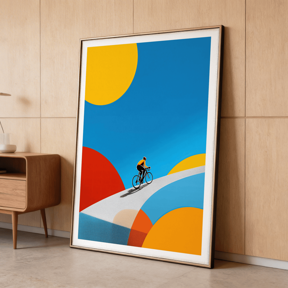 Graphic bicycle poster artwork with small cyclist climbing a curved path