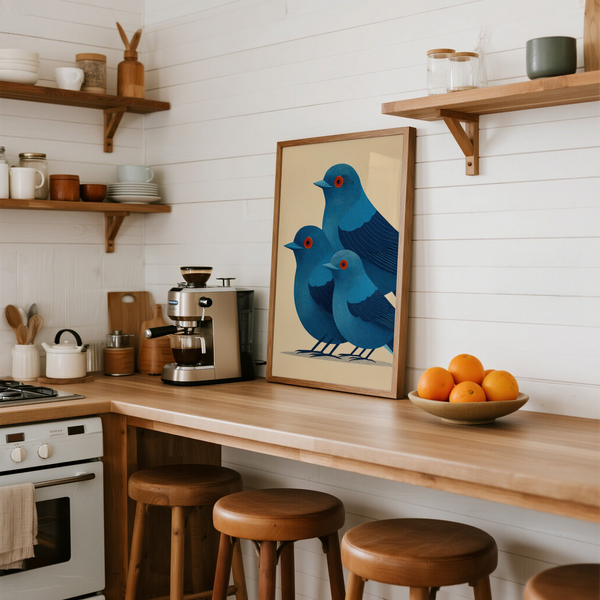 Nature-themed wall art print with trio of stylized birds, streamlined bodies, and sharp beaks
