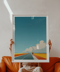 Minimalist landscape poster with cyclist riding toward distant horizon