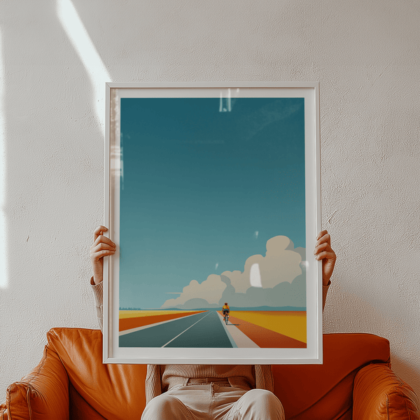 Minimalist landscape poster with cyclist riding toward distant horizon