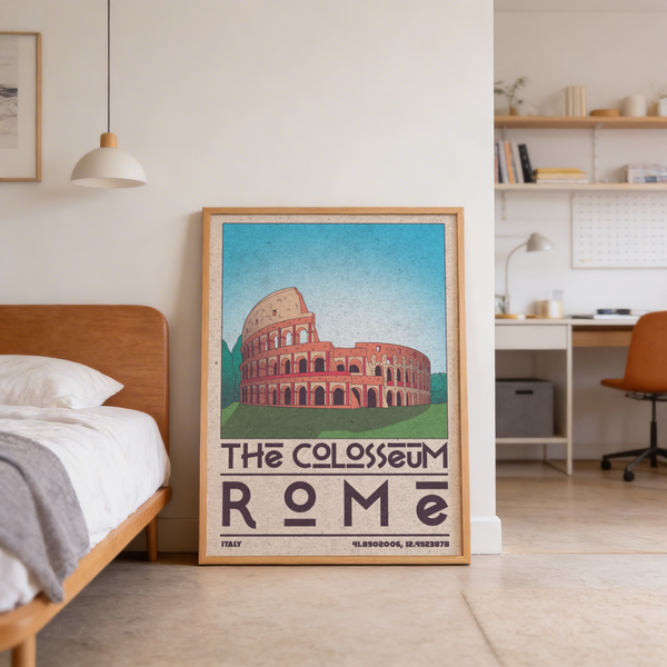 Retro-style architecture poster print of the Colosseum with textured paper look