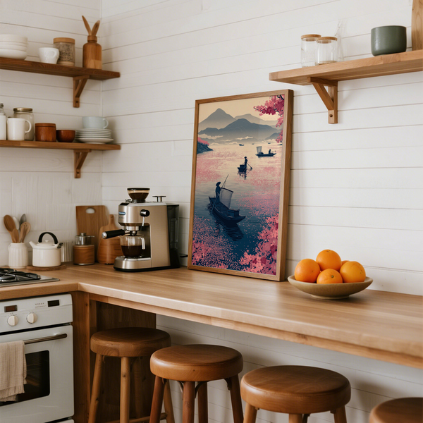 Calm boating landscape poster with blossom clusters along the edges and soft horizon