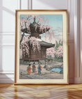 Detailed scene print with children in kimono playing on a stone path near a pagoda and pond wall art