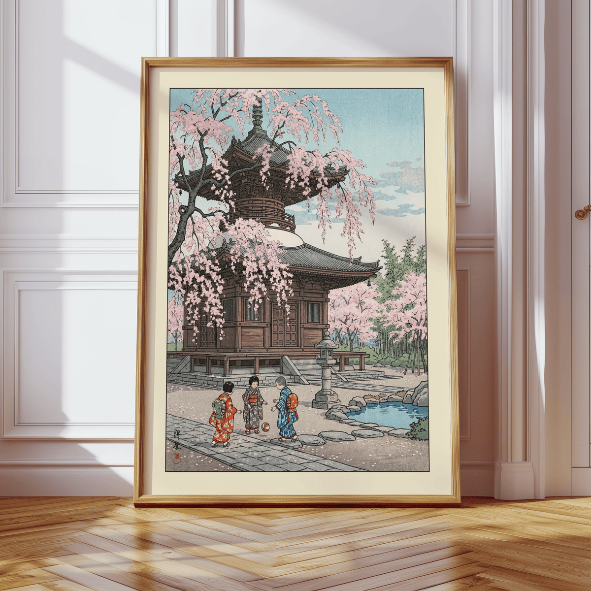 Detailed scene print with children in kimono playing on a stone path near a pagoda and pond wall art