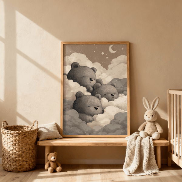 Beige and Gray Teddy Bear Wall Art for Nursery above a crib print