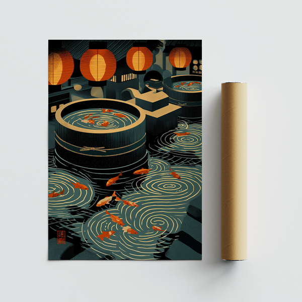 Wide scene koi and lanterns wall art print with repeating circles and strong depth