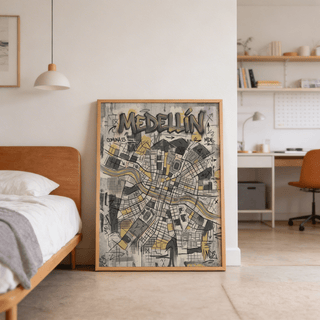 Right side poster detail with MDE lettering, arrows, and intersecting street lines
