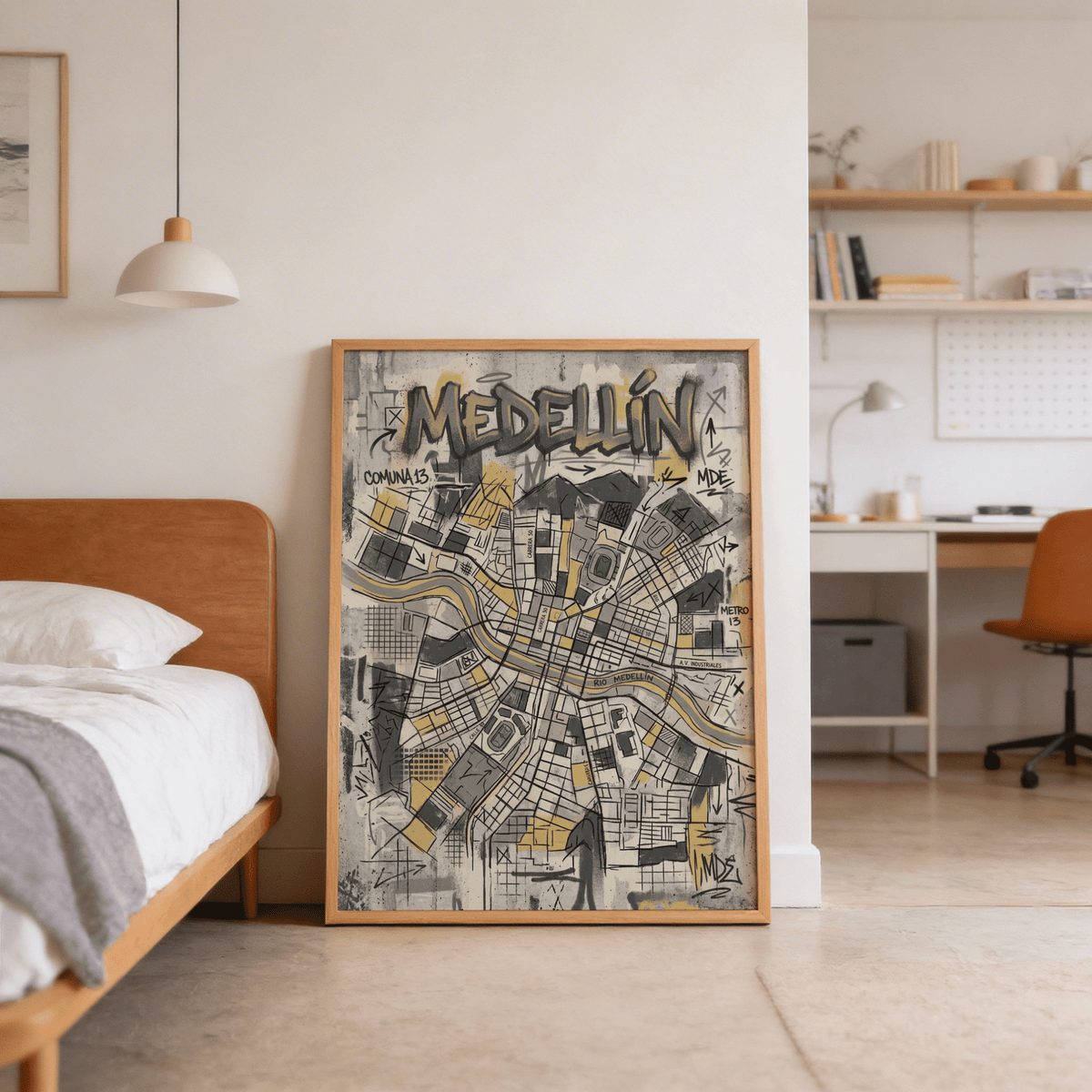 Right side poster detail with MDE lettering, arrows, and intersecting street lines