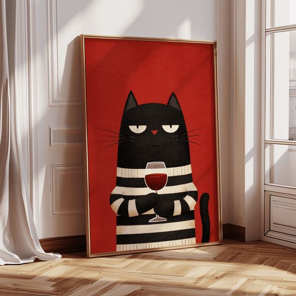 Cat Wine Art Print for wine lover's lounge, featuring main colors