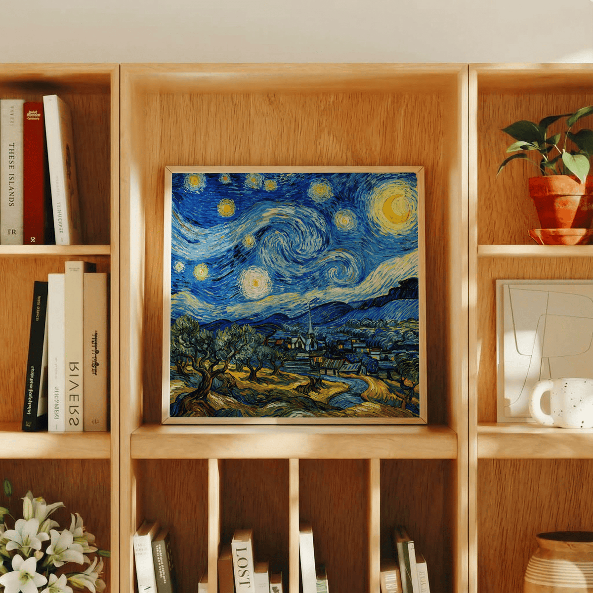 Starry Night Art Print with swirling Blue and Yellow for art print in hallway