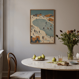 Rustic decor with Hockey Winter Art Print showing Blue ice and Orange homes