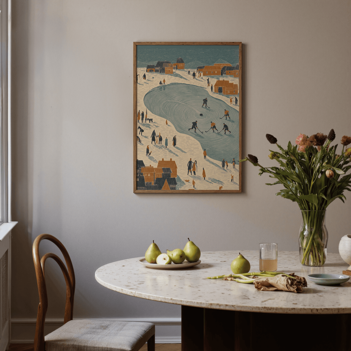 Rustic decor with Hockey Winter Art Print showing Blue ice and Orange homes