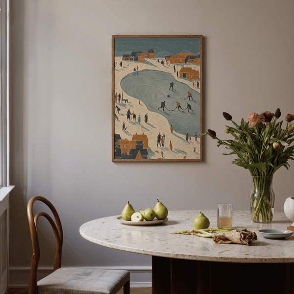 Rustic decor with Hockey Winter Art Print showing Blue ice and Orange homes
