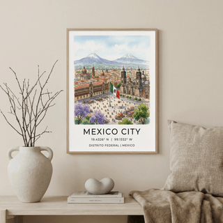 Vintage-style Mexico City Poster poster print featuring historic buildings and market stalls