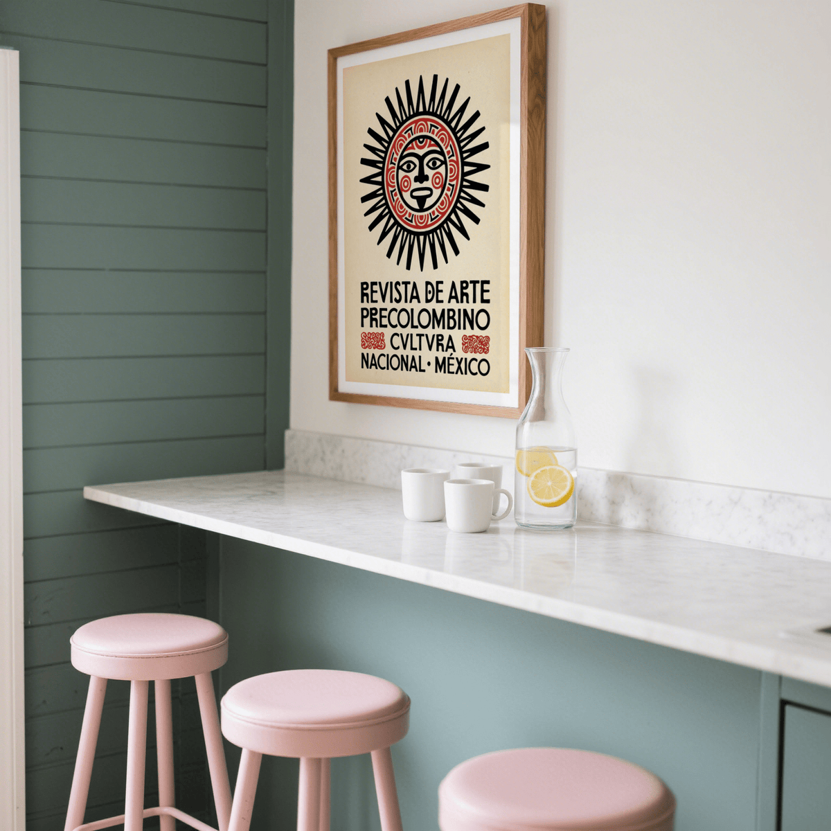 Sun face emblem poster with stacked Spanish lettering