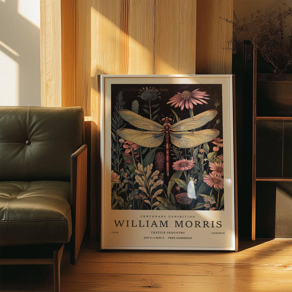 Moody black backdrop dragonfly art prints with detailed linework