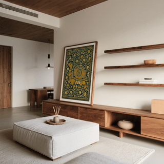 Decorative turtle wall art print featuring lotus flowers and scrolling foliage