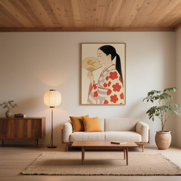 Modern Japanese Art featuring female figure with crane fan and serene expression.