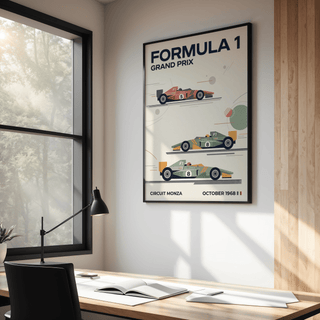 1968 Racing Poster flat lay showing track lines and circular accents