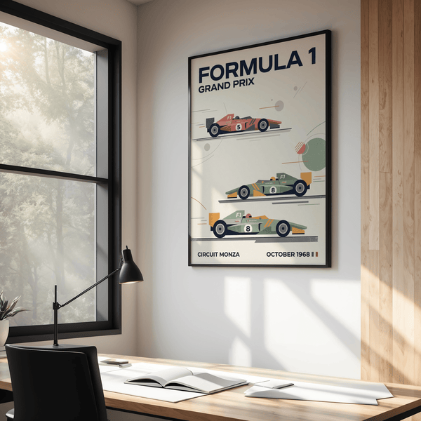 1968 Racing Poster flat lay showing track lines and circular accents