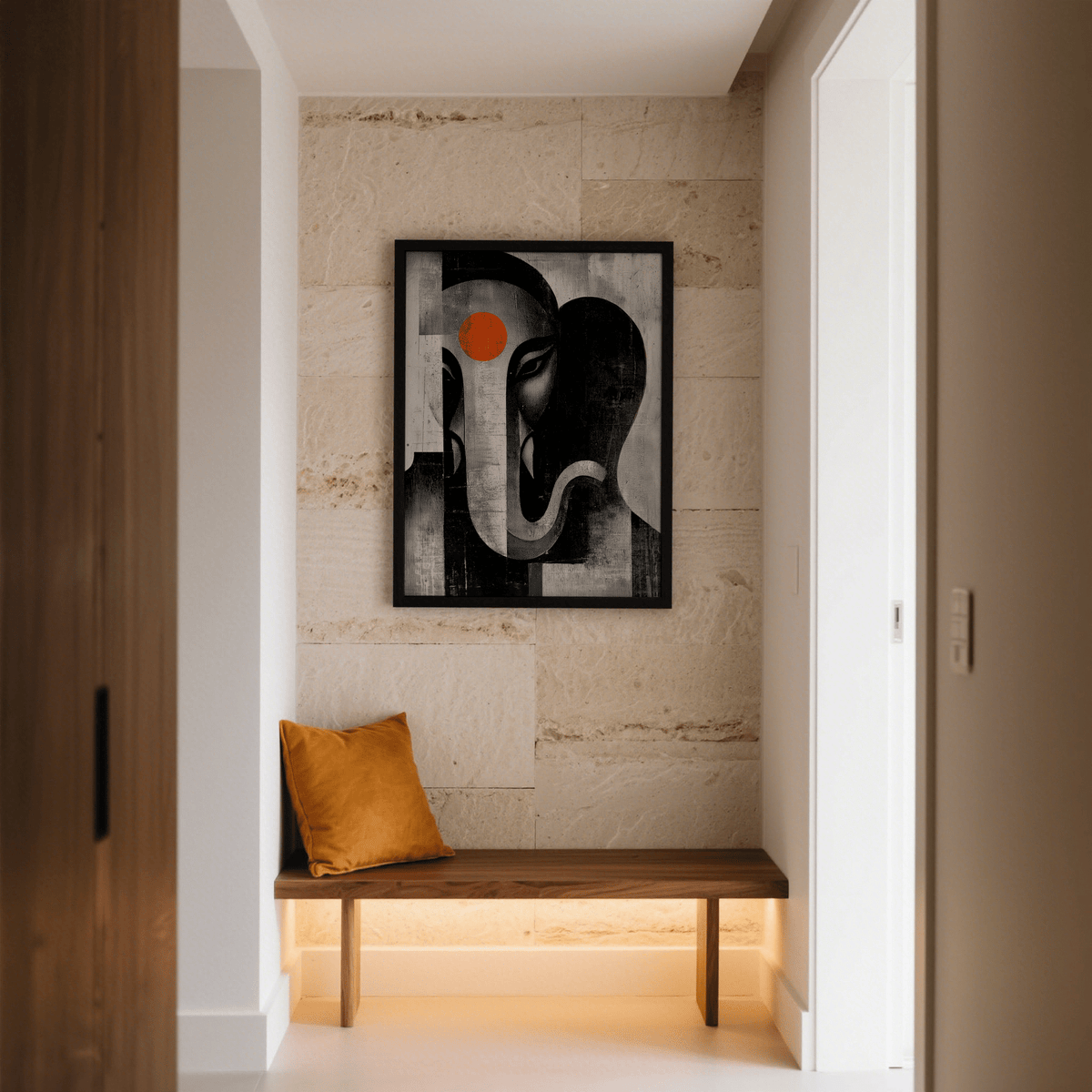 Modern Hindu-inspired abstract poster print with elephant head motif and round forehead accent