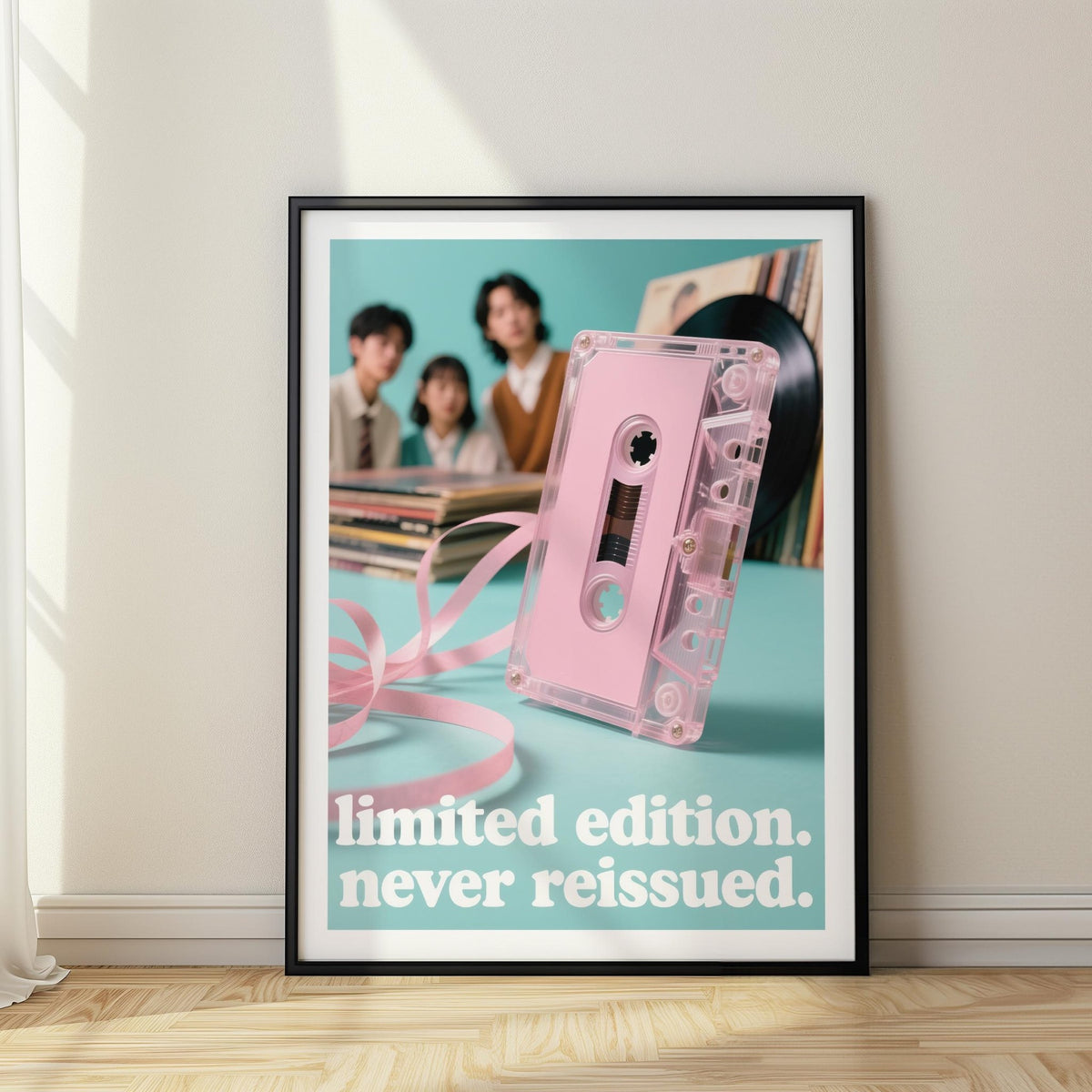 Poster vintage music print with pink cassette tape and teal background