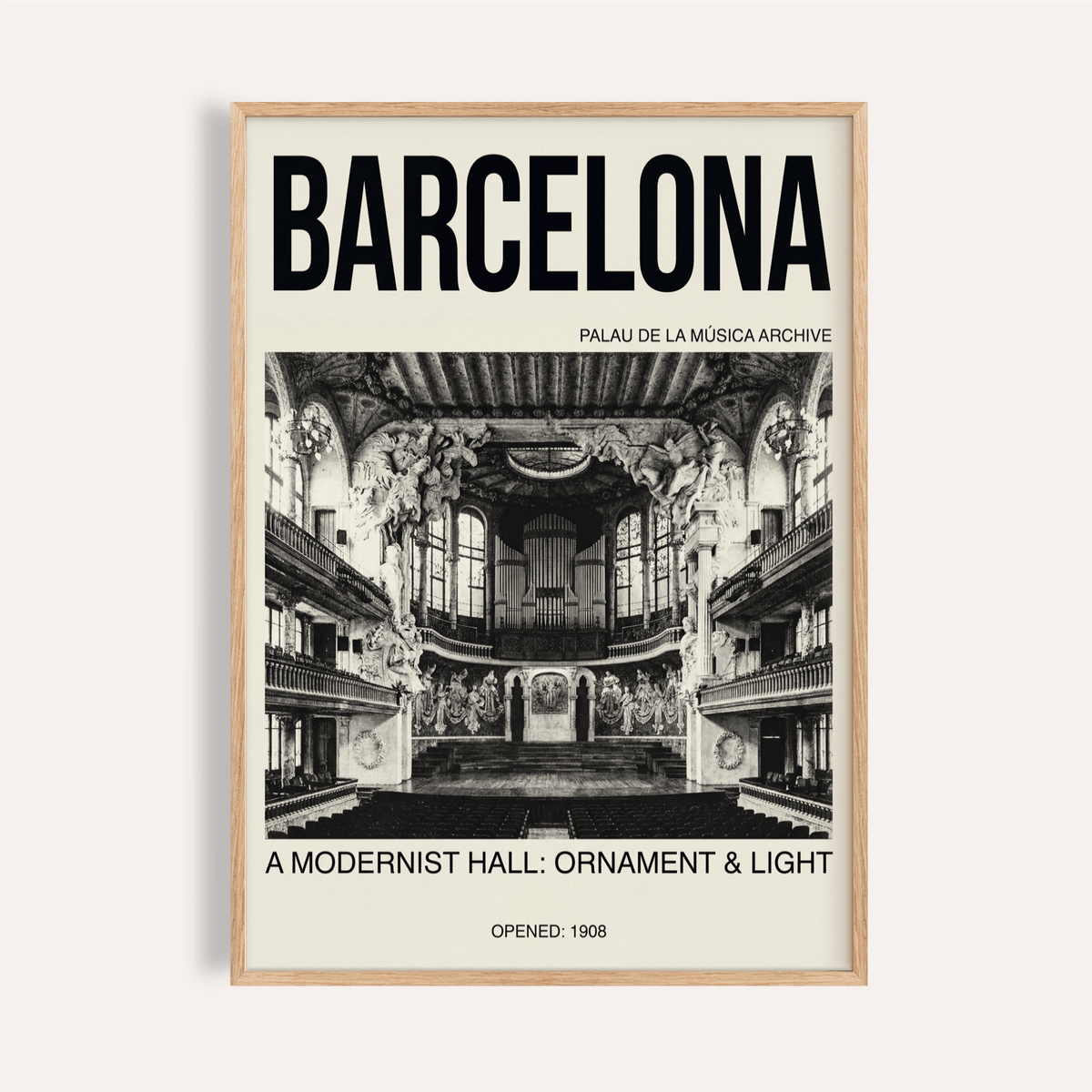 Barcelona modernist hall wall art poster with large title text and concert hall interior photo