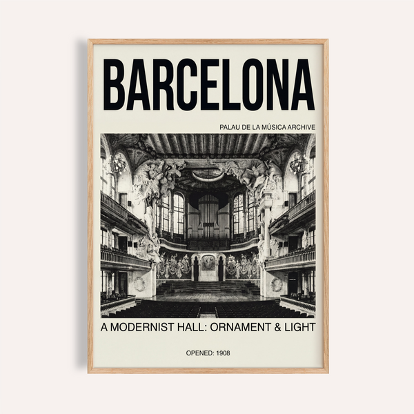 Barcelona modernist hall wall art poster with large title text and concert hall interior photo