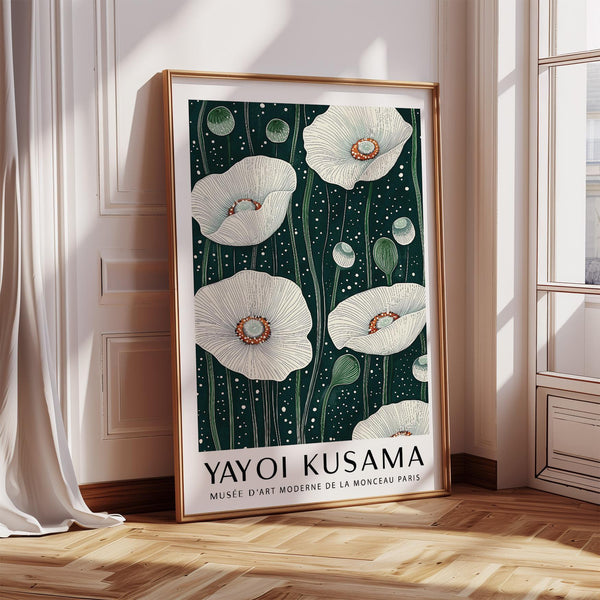 Poppy Wall Art featuring soft white blooms and dark green backdrop.