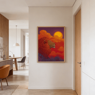Lion Sunset Art Print wall art featuring a lion silhouette, spiral clouds, and sun disc