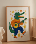 Funny Crocodile Art Print Multicolored joyful art for child’s reading nook poster
