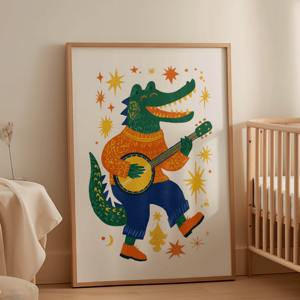 Funny Crocodile Art Print Multicolored joyful art for child’s reading nook poster