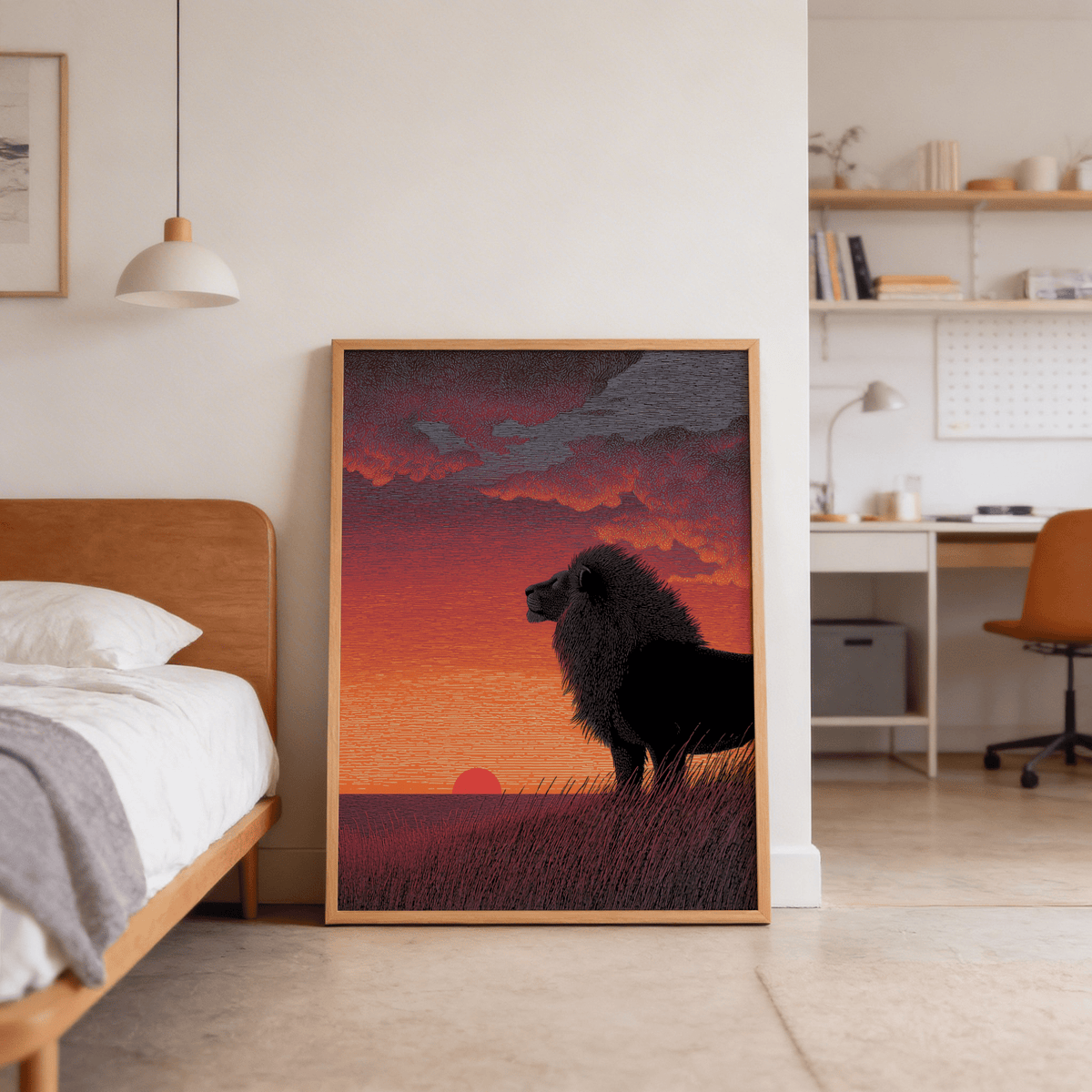 Lion silhouette set before gradient sky of red, orange, and purple hues