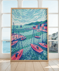 Abstract Sailboats Wall Art in blue and pink for coastal living room art