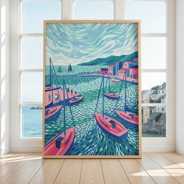 Abstract Sailboats Wall Art in blue and pink for coastal living room art