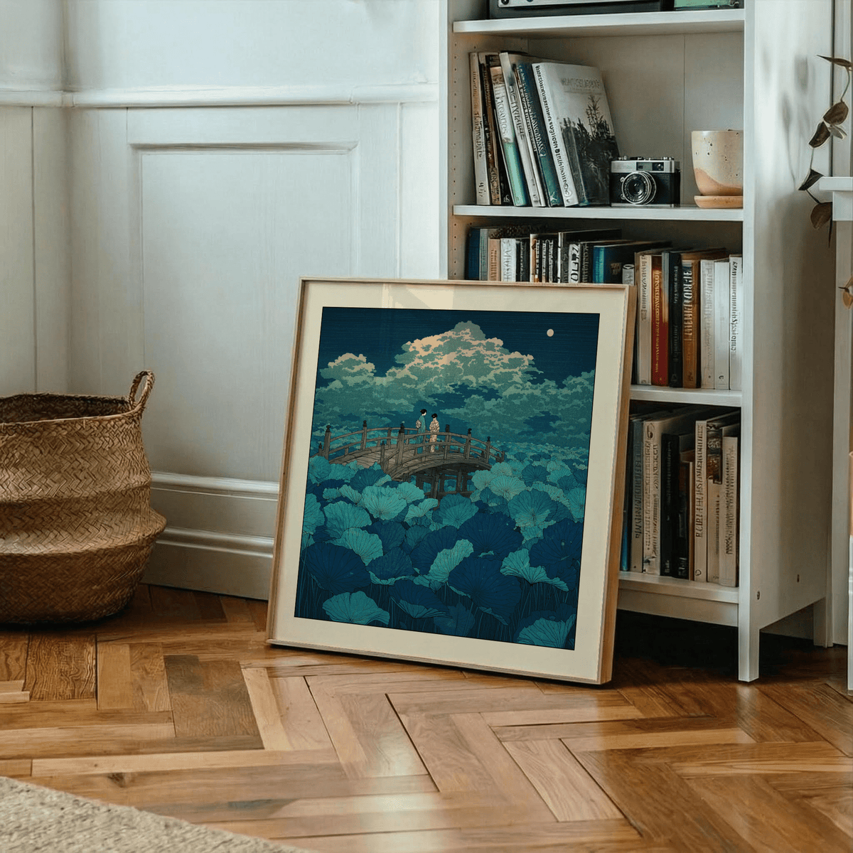 Curved wooden bridge over lotus leaves poster in Green and Blue tones