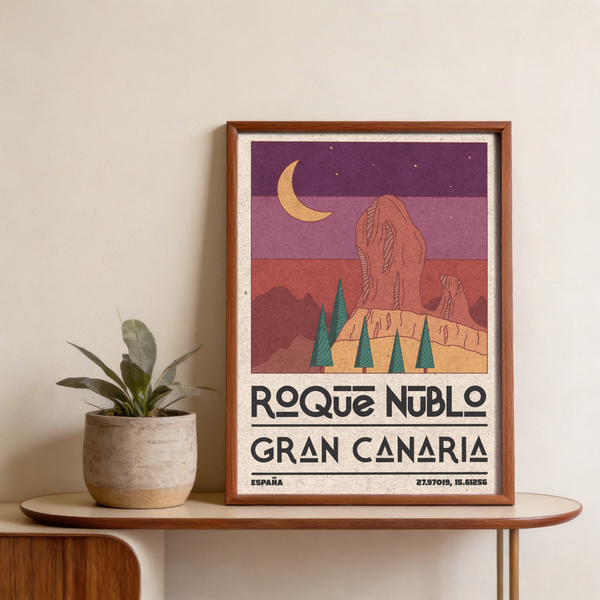 Depicting Roque Nublo Wall Art landscape poster with bold ROQUE NUBLO typography