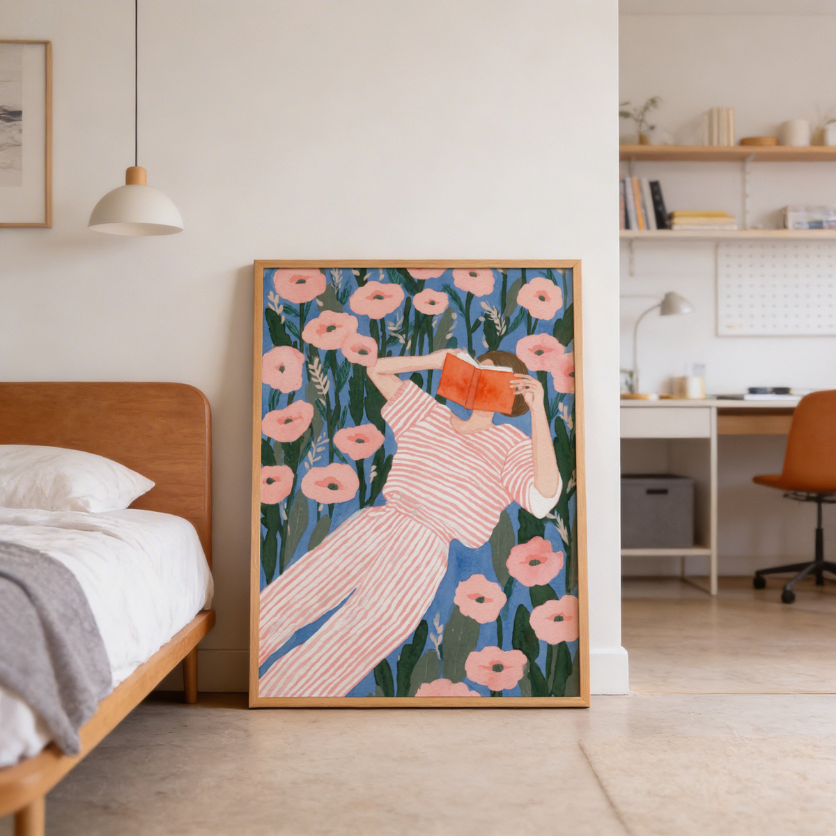 Painterly illustration poster of a woman reading in patterned flowers and foliage