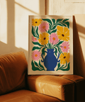 Vivid Floral Vase Art Print for hallway, combining Blue, Yellow, Green foliage, and Pink petals poster