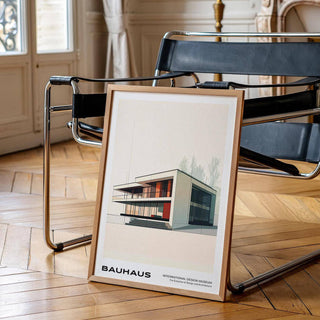 Clean-line Bauhaus architecture poster in white and glass for office walls