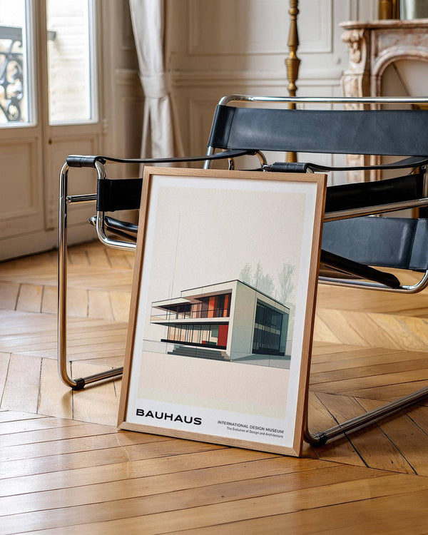 Clean-line Bauhaus architecture poster in white and glass for office walls