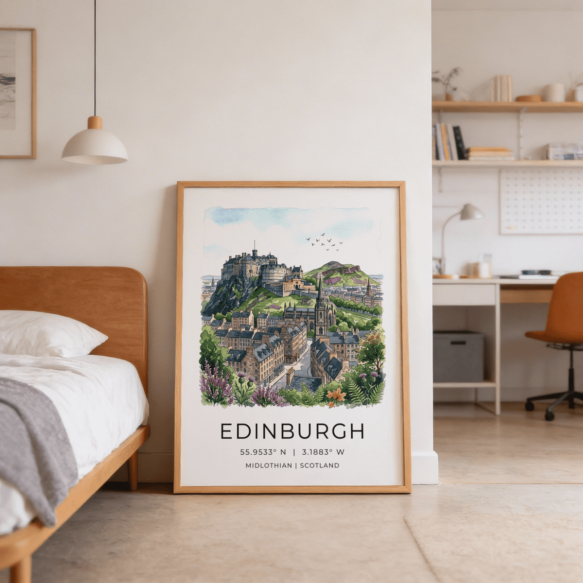 Hand-drawn Edinburgh city poster print with hillside fortress and layered buildings