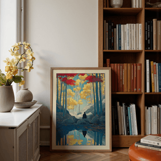 Minimal graphic poster of forest stream reflection and lone meditator silhouette