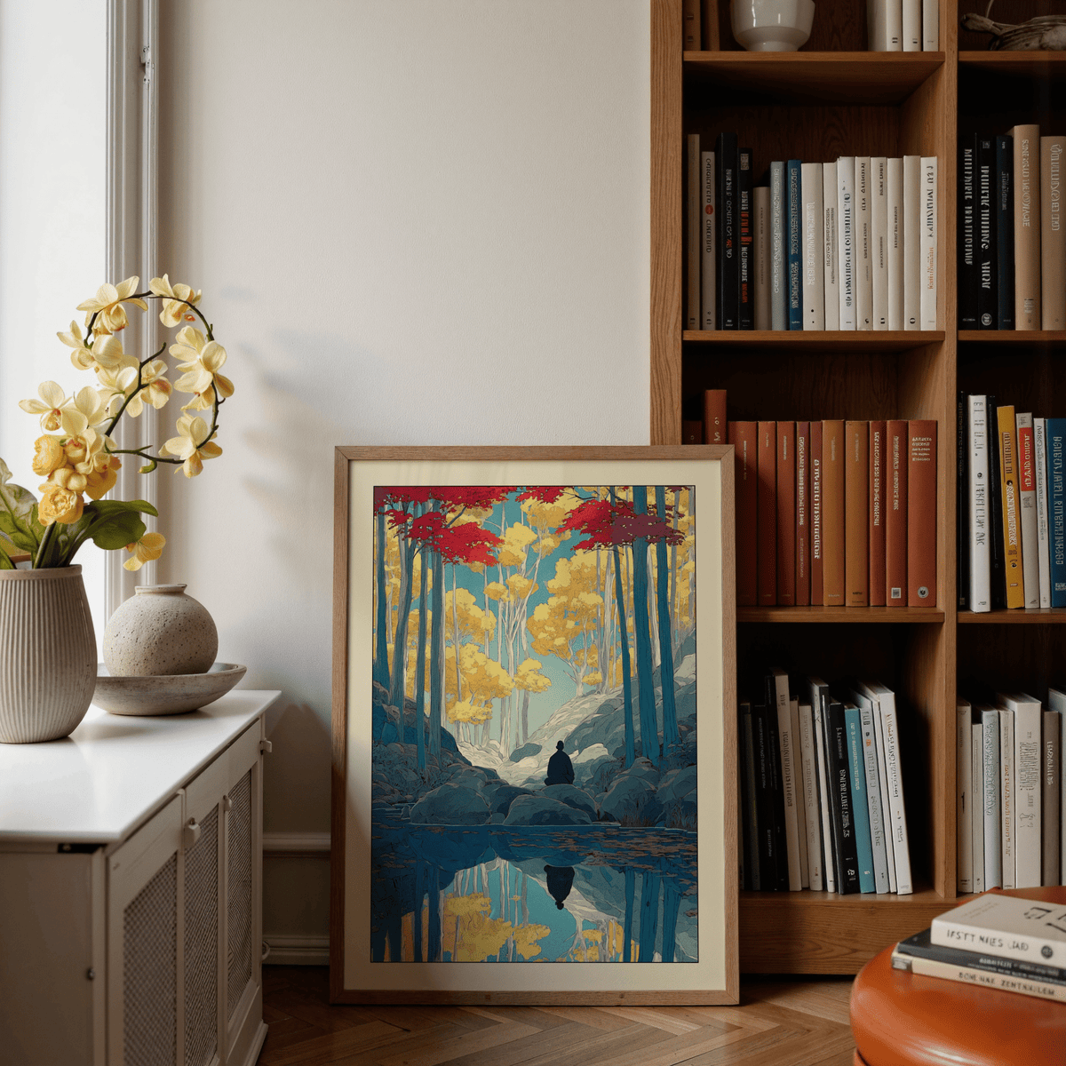 Minimal graphic poster of forest stream reflection and lone meditator silhouette