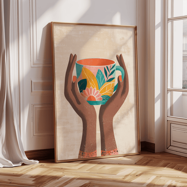 Colorful Mug Art Print featuring brown, yellow, and teal in modern wall art