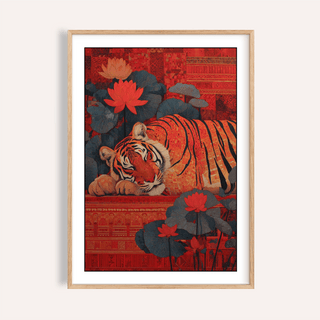 Indian Tiger Wall Art depicting a curled tiger among lotus flowers on patterned backdrop