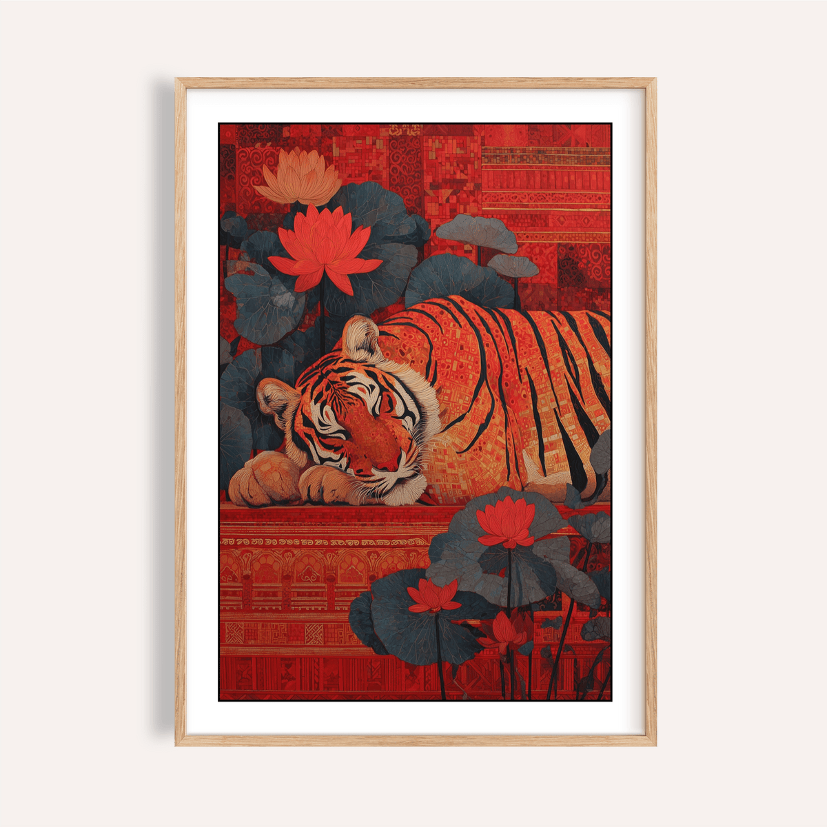 Indian Tiger Wall Art depicting a curled tiger among lotus flowers on patterned backdrop