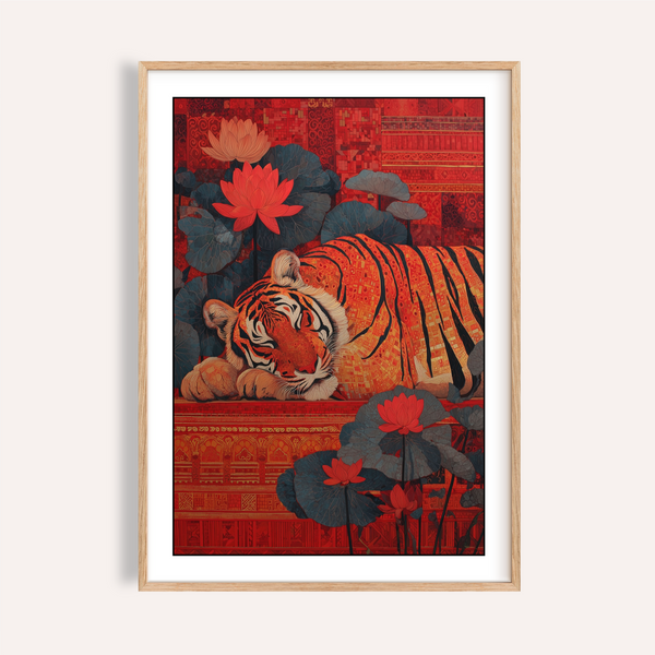 Indian Tiger Wall Art depicting a curled tiger among lotus flowers on patterned backdrop