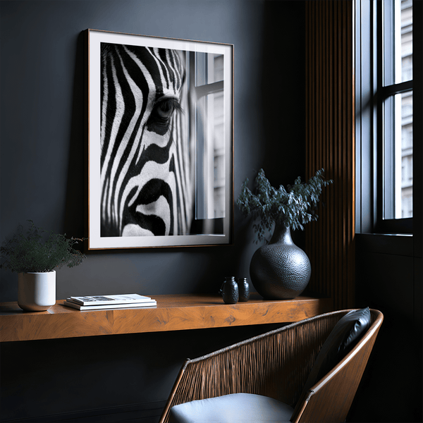 Wildlife Photography Poster capturing zebra eye with fine fur details