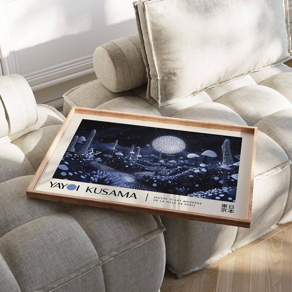 Celestial fantasy art print with dotted mushroom moon art wall theme